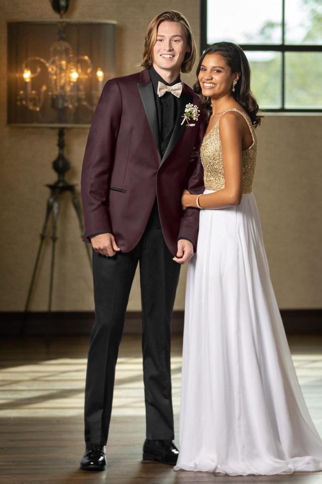 Prom Tuxedo Burgundy Kenneth Cole Empire with Black Shirt and Champagne Floral Bow Tie