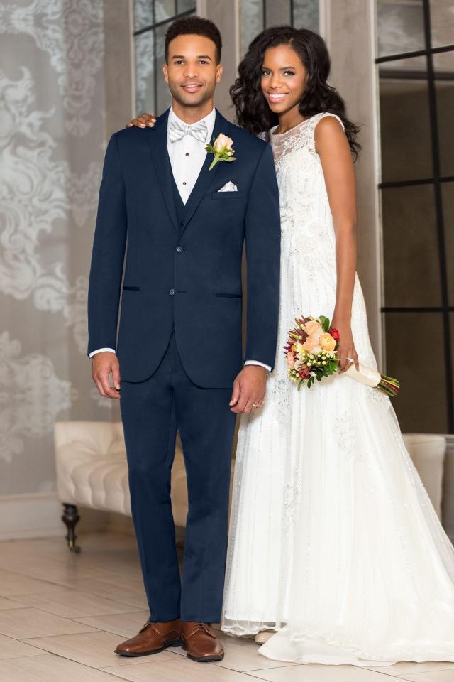 Wedding Suit Navy Michael Kors Sterling with matching Fullback Vest and Grey Striped Bow Tie