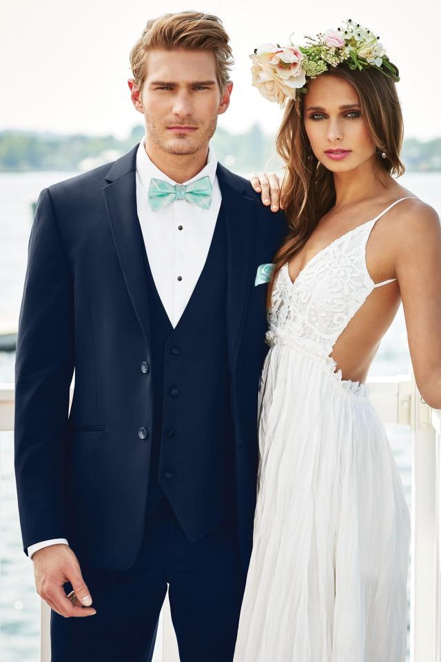 Wedding Suit Navy Michael Kors Sterling with Plaid Tiffany Blue Bow Tie