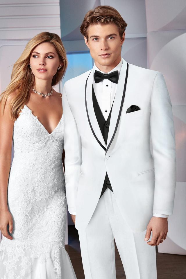 Wedding Tuxedo White Ike Behar Waverly with White Pants and Black Expressions Fullback Vest and Bow Tie